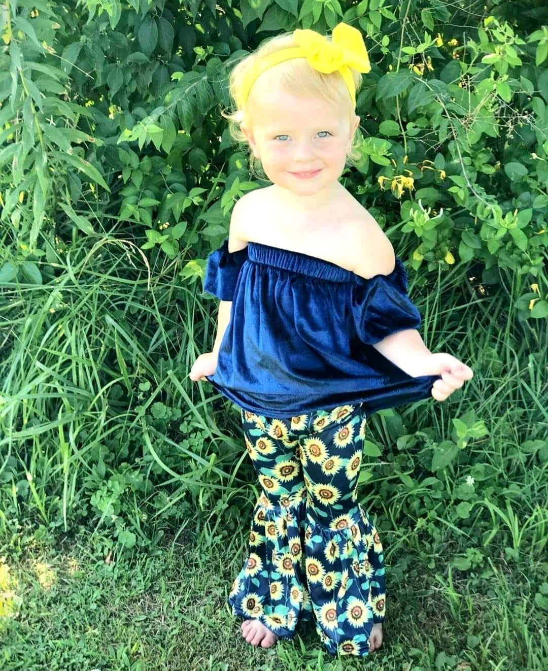 Navy Velvet On Or Off The Shoulder Top and Sunflower Bell Bottoms #1000285