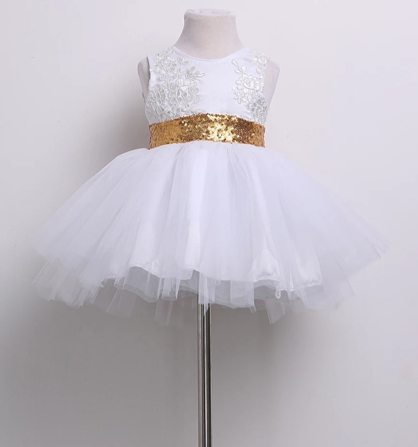 White Lace Tutu Dress with Gold Sequins Bow #1000314