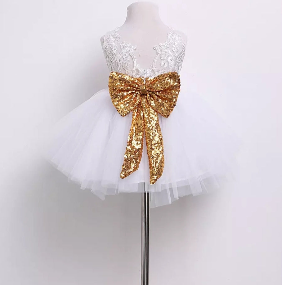 White Lace Tutu Dress with Gold Sequins Bow #1000314