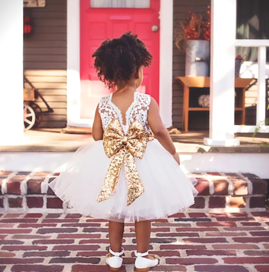 White Lace Tutu Dress with Gold Sequins Bow #1000314