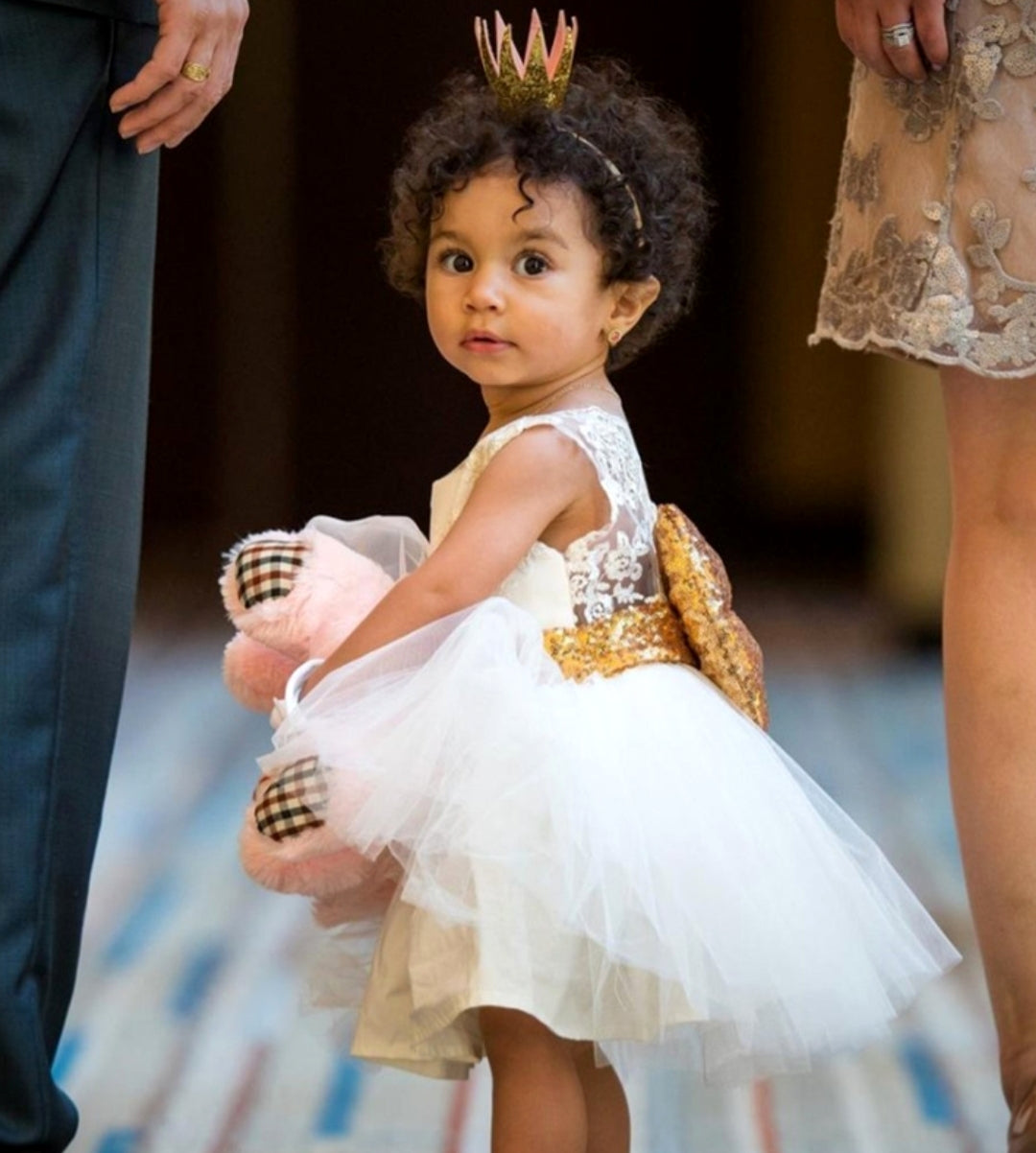 White Lace Tutu Dress with Gold Sequins Bow #1000314