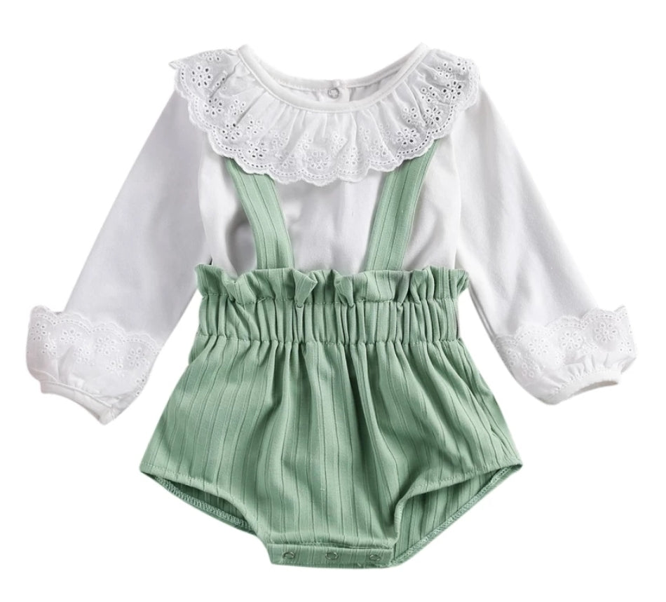 White Romper with Lace Neckline and Mint Green Overalls #1000388