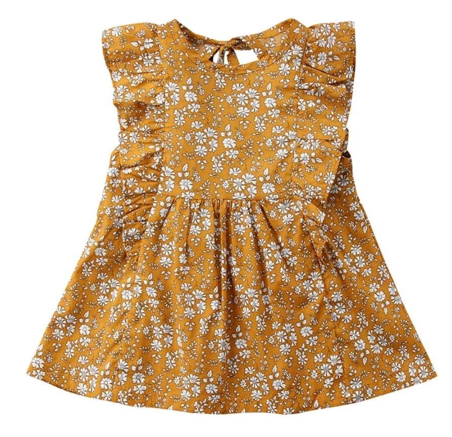 Mustard Floral Vintage Sleeveless Dress #1000389