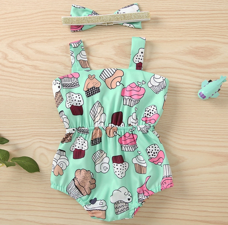 Mint Cup Cake Bowknot Romper #1000499