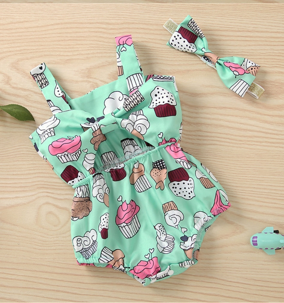 Mint Cup Cake Bowknot Romper #1000499