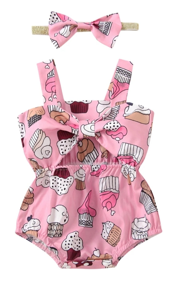 Pink Bowknot Cup Cake Romper #1000500