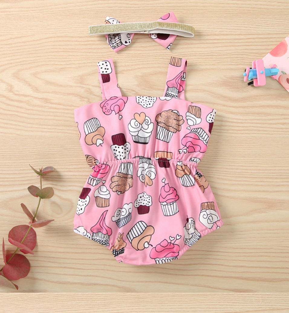 Pink Bowknot Cup Cake Romper #1000500