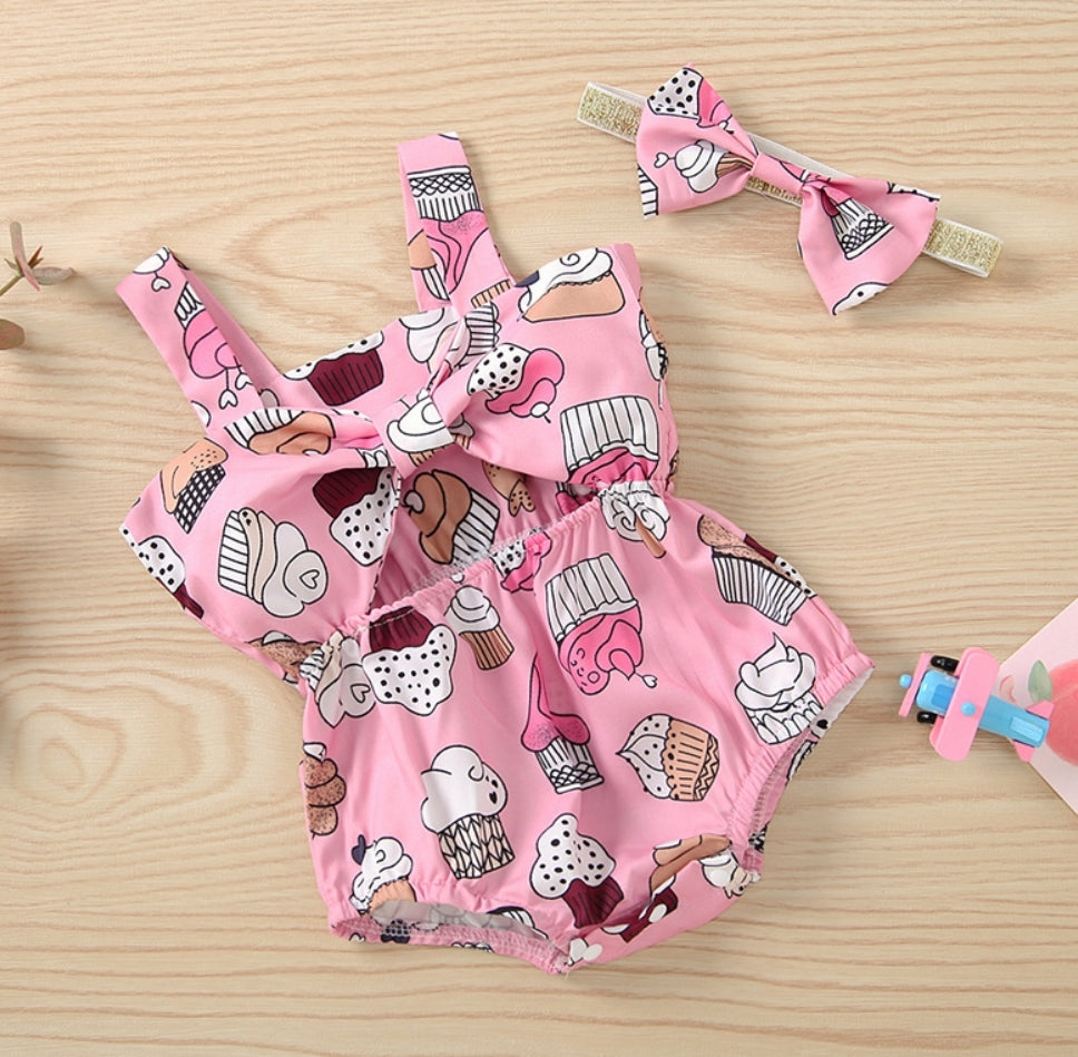 Pink Bowknot Cup Cake Romper #1000500