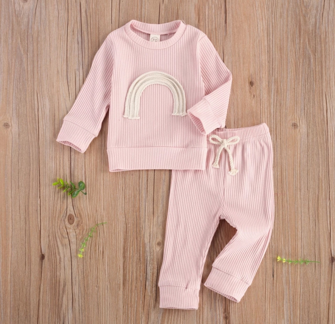 Pink Crewneck Ribbed Rainbow Tracksuit  #100098