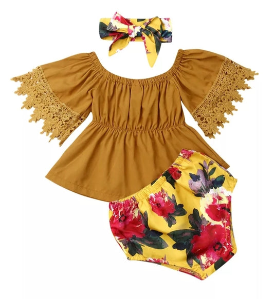 Mustard Bell Lace Sleeve top wit Floral Bloomer and Headband #1000535