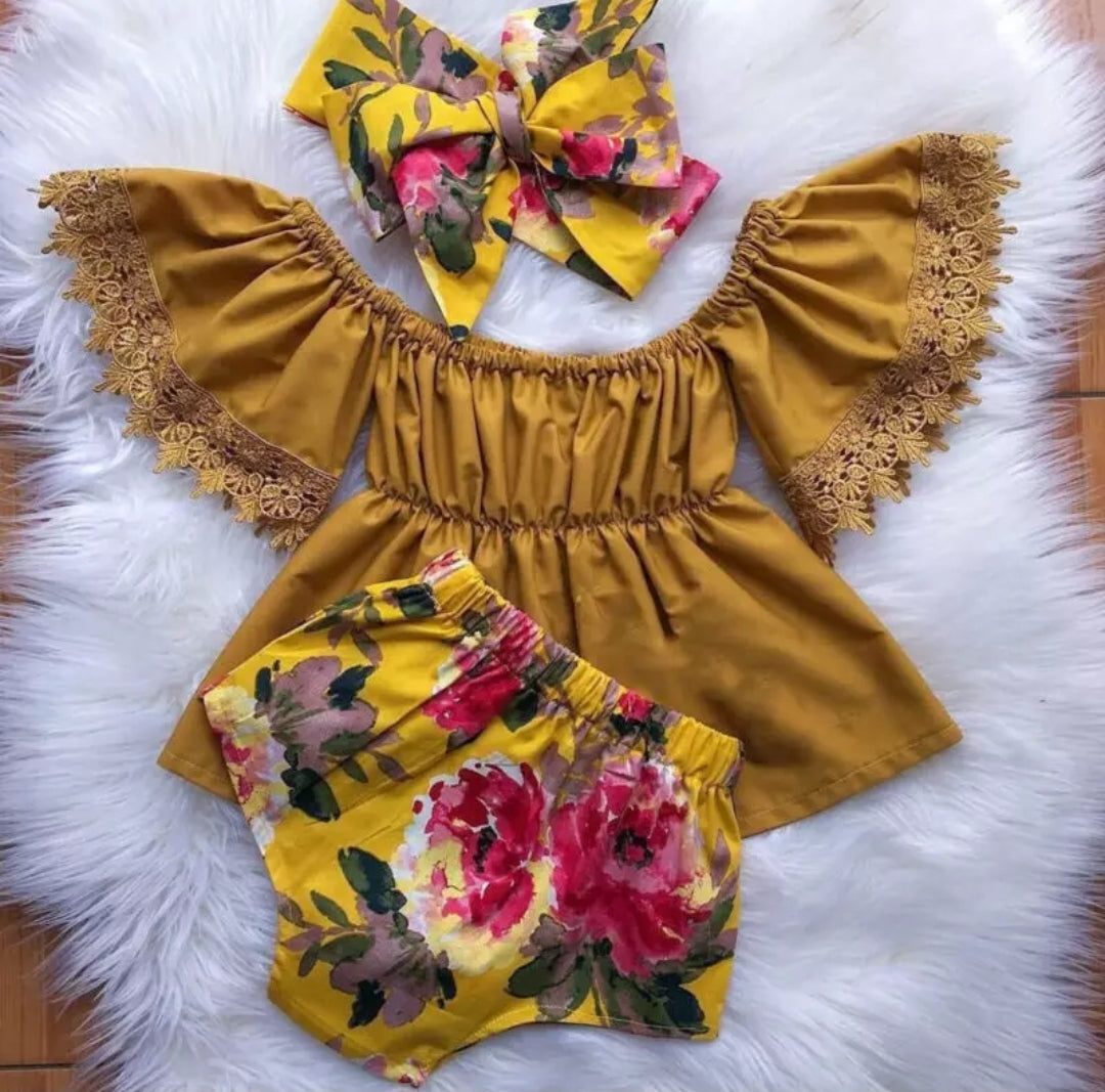 Mustard Bell Lace Sleeve top wit Floral Bloomer and Headband #1000535