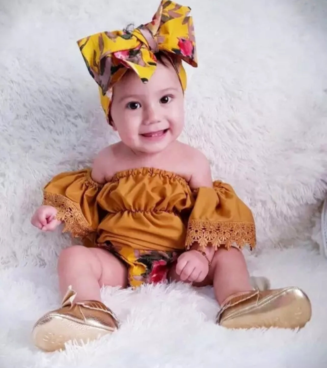 Mustard Bell Lace Sleeve top wit Floral Bloomer and Headband #1000535