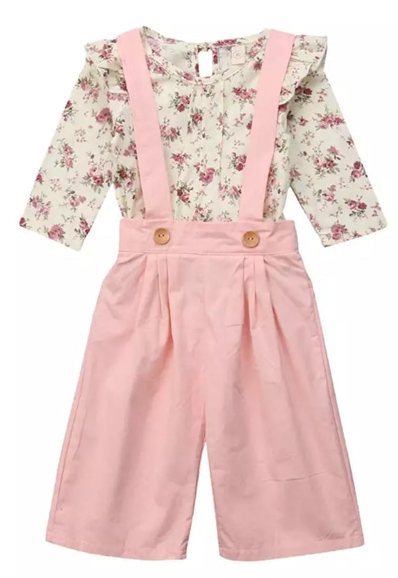 Floral Ruffle Neck Line Top with Pink Dungaree #1000269