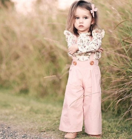 Floral Ruffle Neck Line Top with Pink Dungaree #1000269