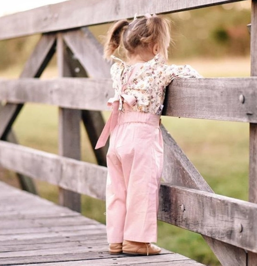 Floral Ruffle Neck Line Top with Pink Dungaree #1000269