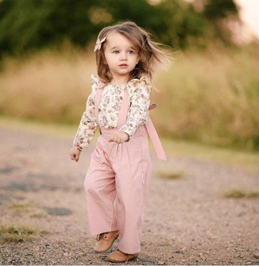 Floral Ruffle Neck Line Top with Pink Dungaree #1000269