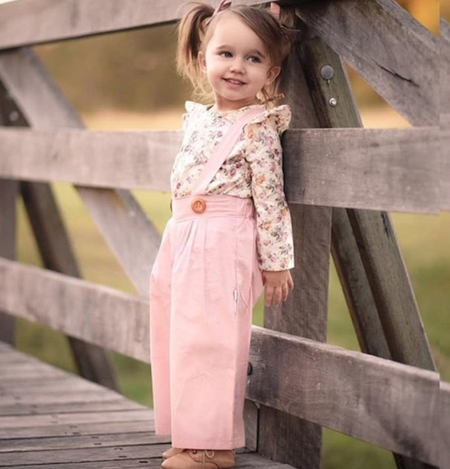 Floral Ruffle Neck Line Top with Pink Dungaree #1000269