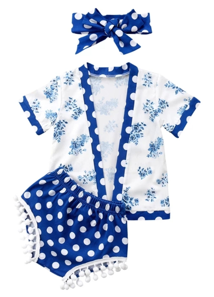 Royal Blue Floral Kimono with Bloomer and Headband #1000659