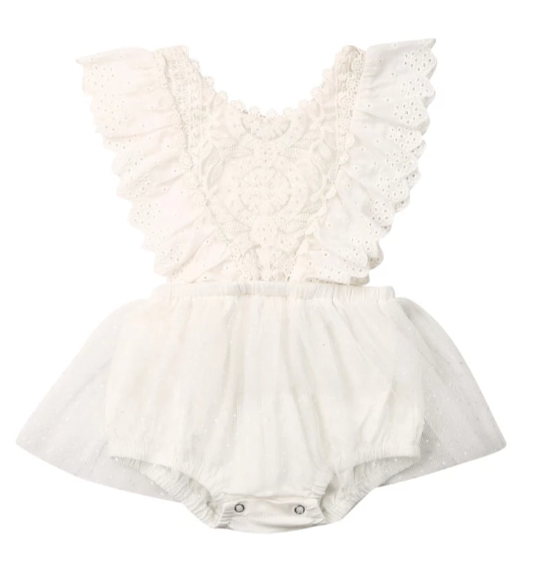 White Lace Romper Dress with Ruffled Detail #1000668