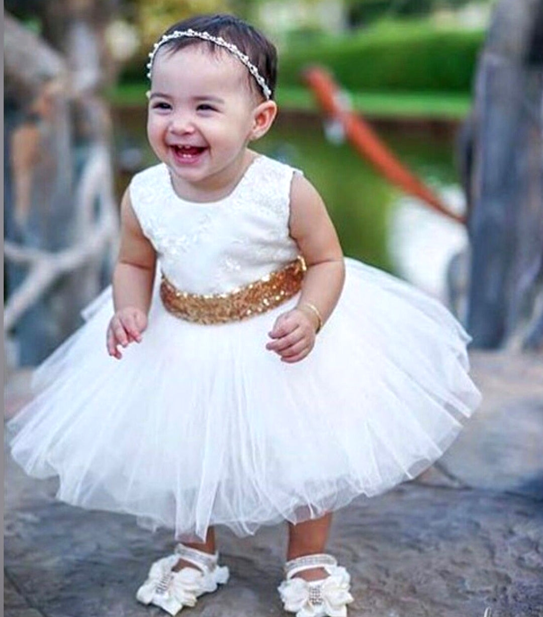 White Lace Tutu Dress with Gold Sequins Bow #1000314