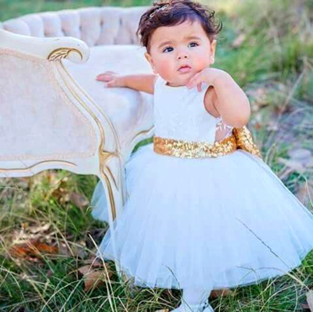 White Lace Tutu Dress with Gold Sequins Bow #1000314