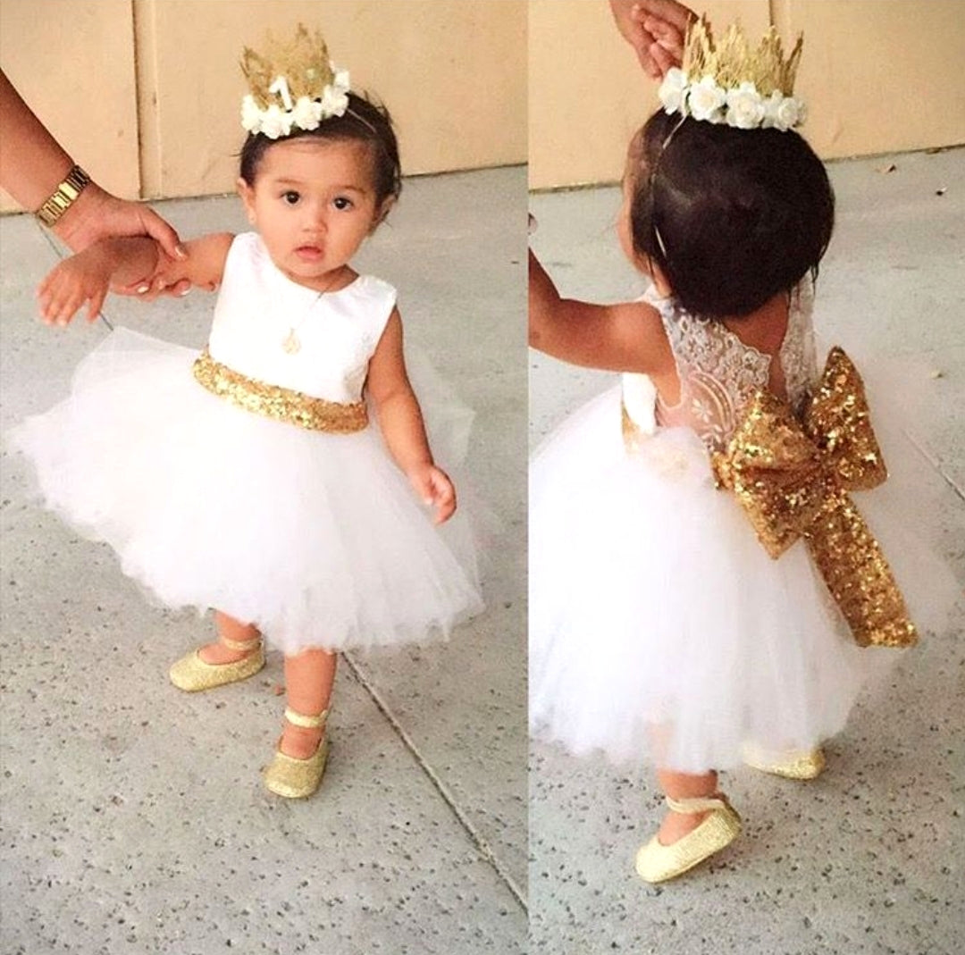 White Lace Tutu Dress with Gold Sequins Bow #1000314