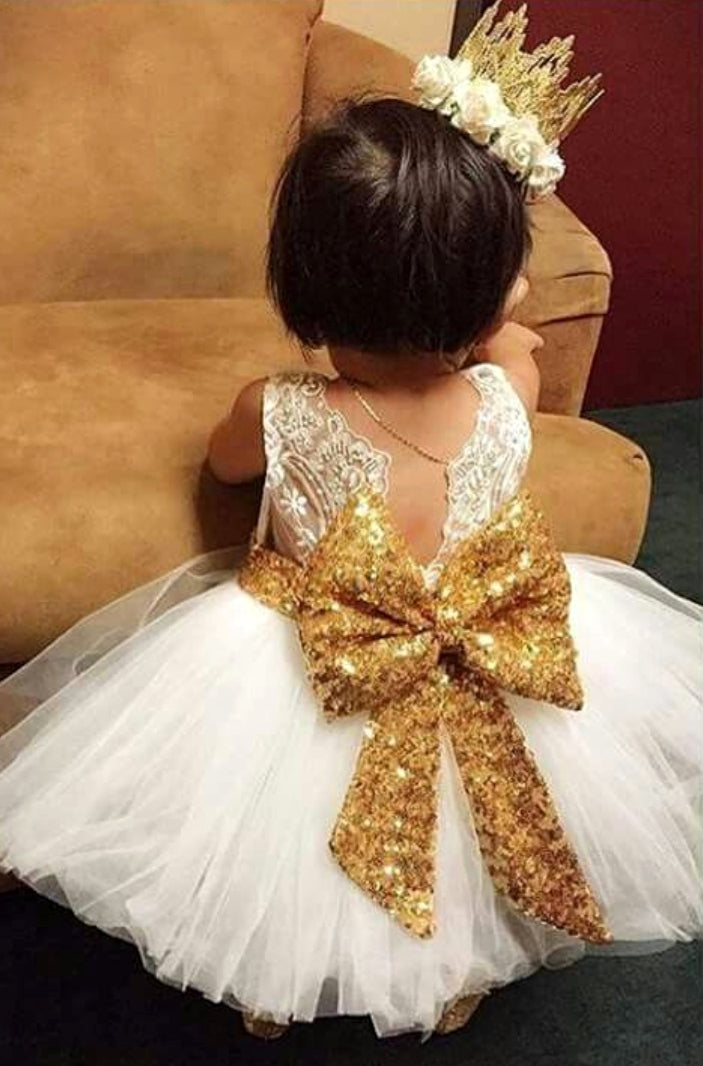 White Lace Tutu Dress with Gold Sequins Bow #1000314