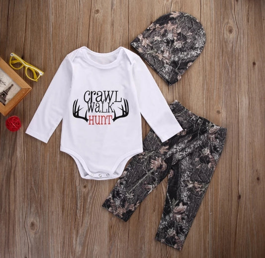 Crawl, Walk, Hunt Romper with Camo Pants and Beanie #2000127