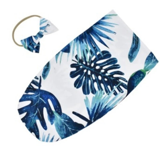 Blue Monstera Leaf Swaddle Bag and Headband #4000241