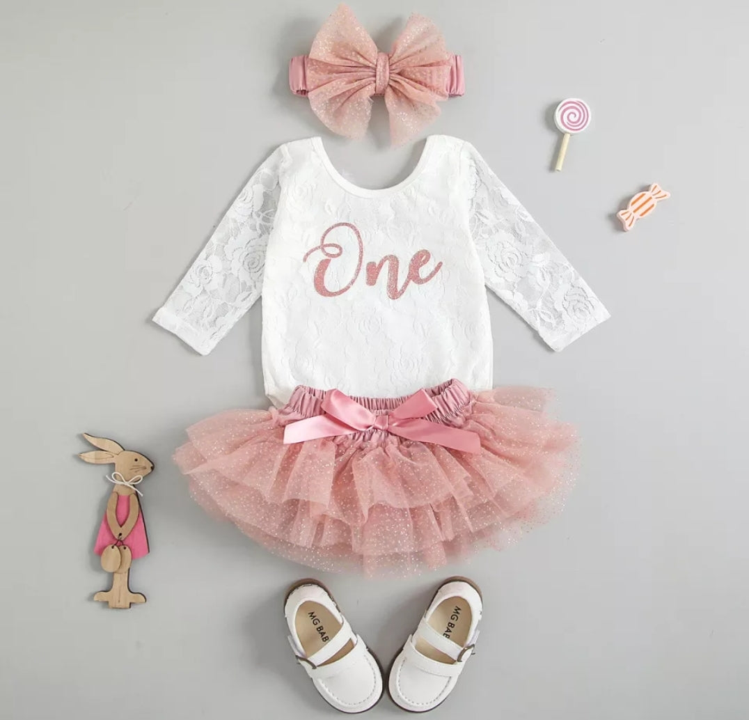 Birthday Outfits Long Sleeve Lace Romper with Bloomer, Tutu and Headband #1000687