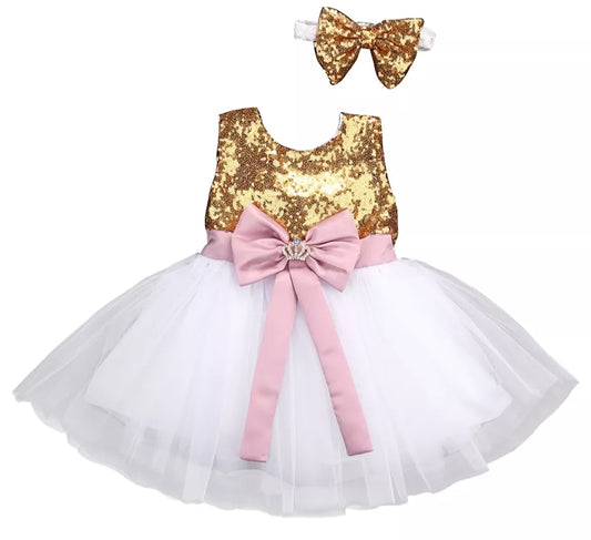 White Dress with Gold Sequins, Dusty Pink Bow, Headband and Crown Brooch. #1001010