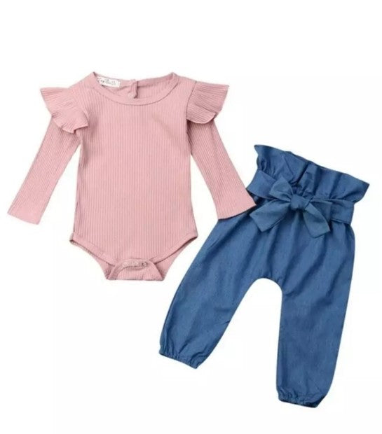 Ribbed Pink Long Sleeve Romper and Bowknot Denims #10006