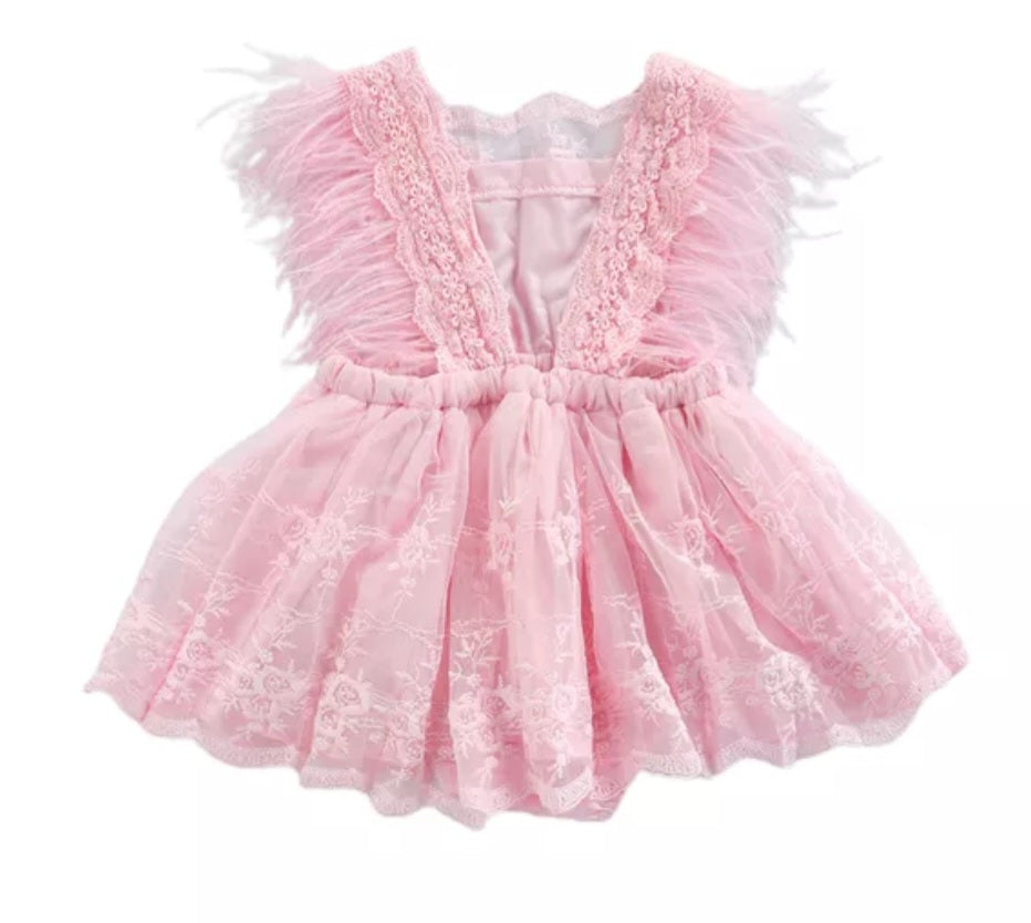 Pink Lace Romper with Feather Detail #1000308