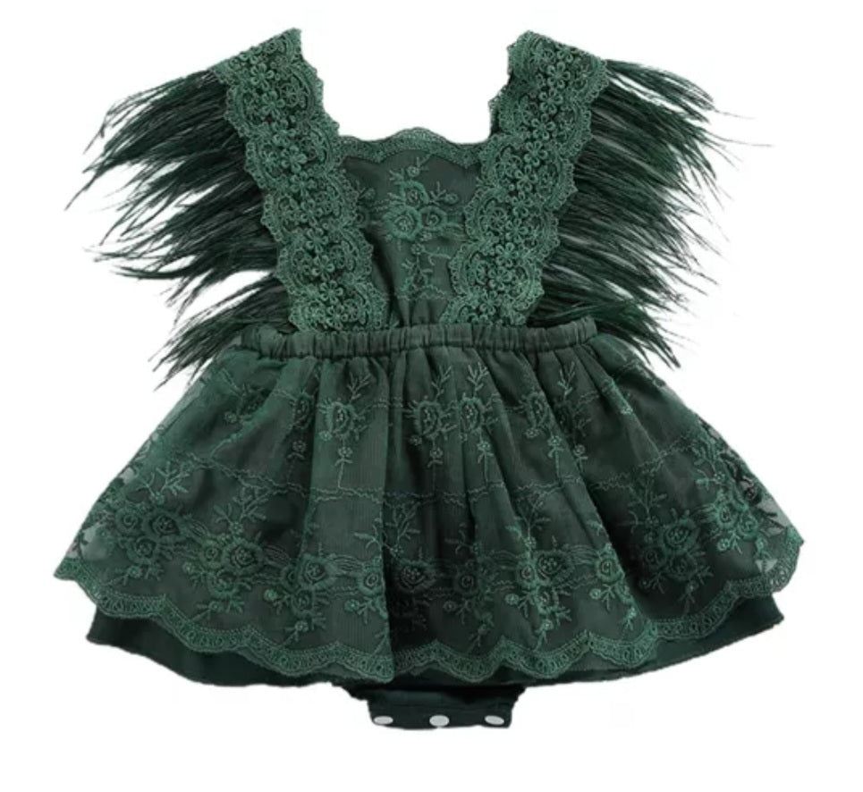 Forest Green Lace Romper with Feather Detail #1000245