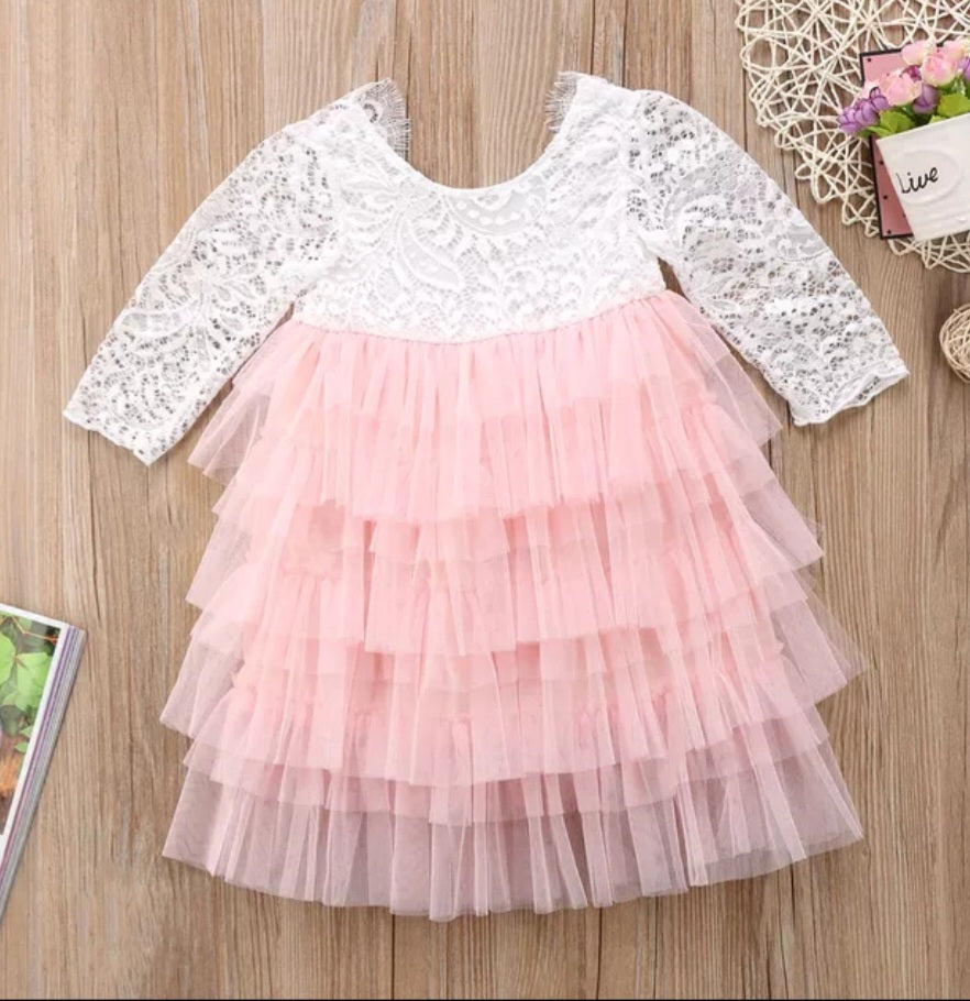 Long Sleeve Lace and Peachy Pink Tutu Dress #1000329