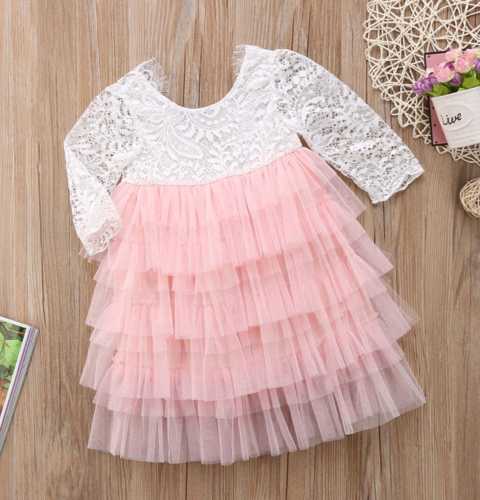 Long Sleeve Lace and Peachy Pink Tutu Dress #1000329