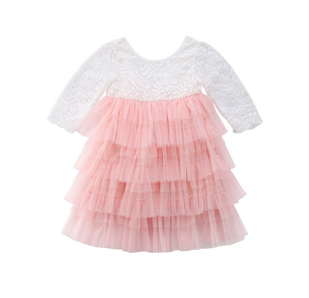 Long Sleeve Lace and Peachy Pink Tutu Dress #1000329