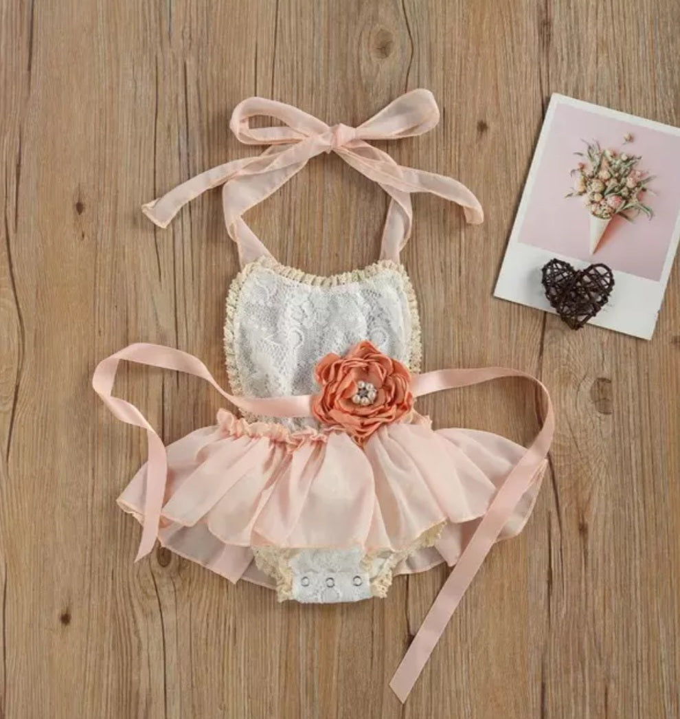 Lace Ruffle Romper with Floral Belt/Headband #1000470