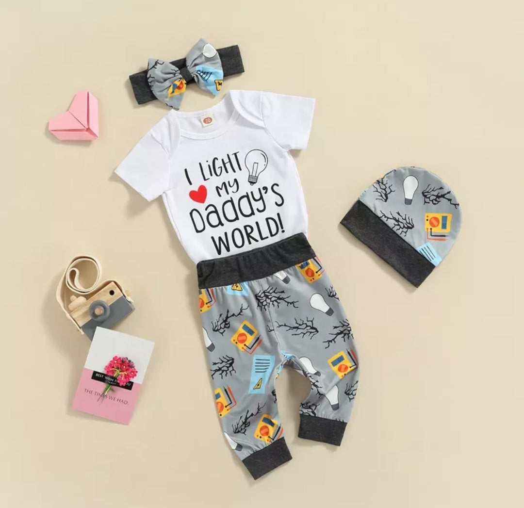 I Light My Daddy's World Romper with  Matching Pants, Hat and Headband Gender Neutral  #1000128