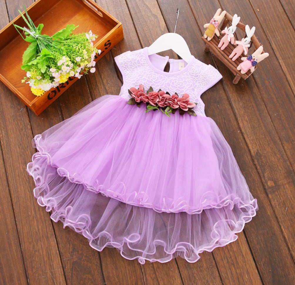 Purple Ruffle Dress with Floral Detail #1001068