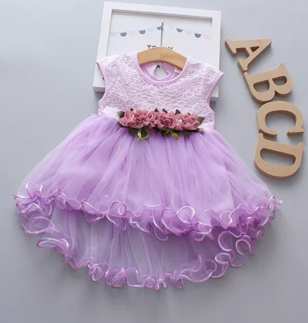 Purple Ruffle Dress with Floral Detail #1001068