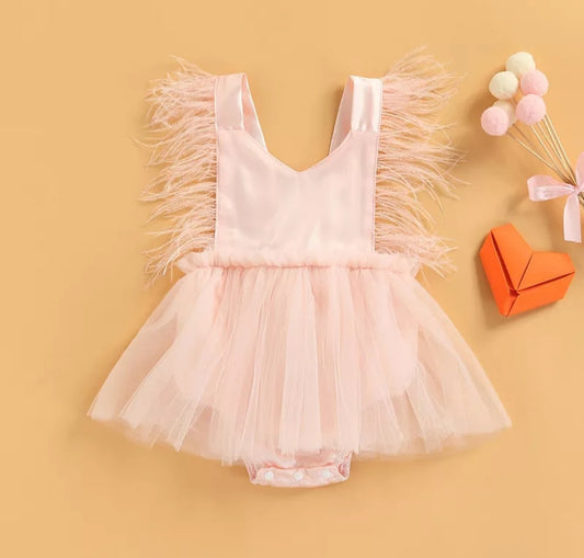 Pink Romper with Romantic Tutu and Feather Detail #1001074