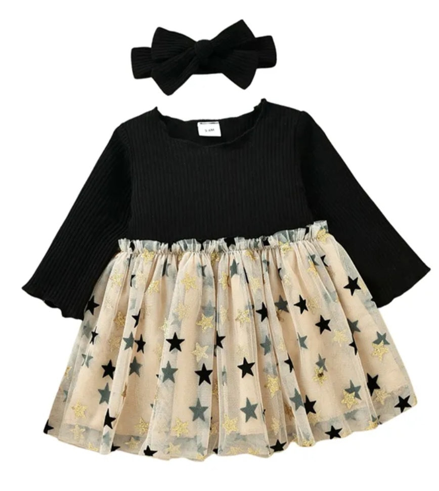 Long Sleeve Black and Gold Star Dress with Headband #1001112