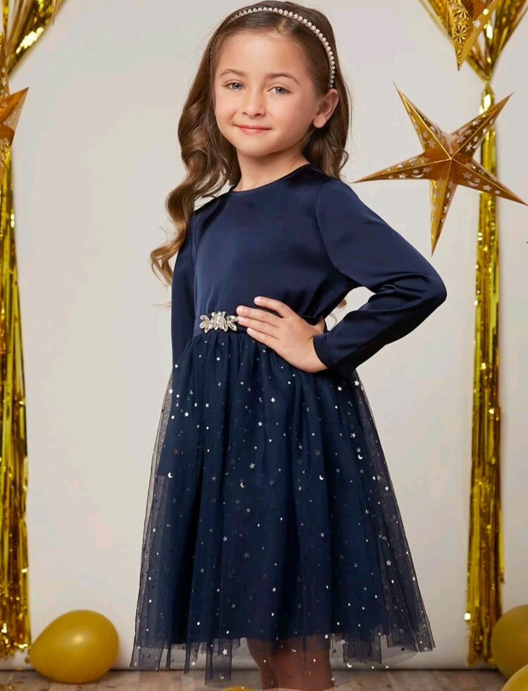 Navy Sparkle Dress with Diamante Detail  #1001100