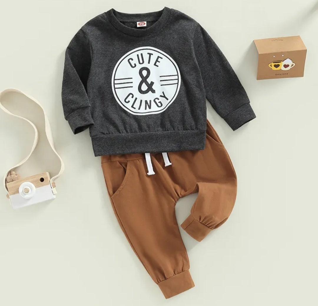 Gray Cute & Clingy Crewnek Top and Toffee Pants #2000340