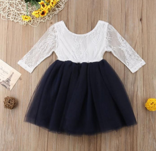 Navy and White Long Sleeve Lace Dress #900034