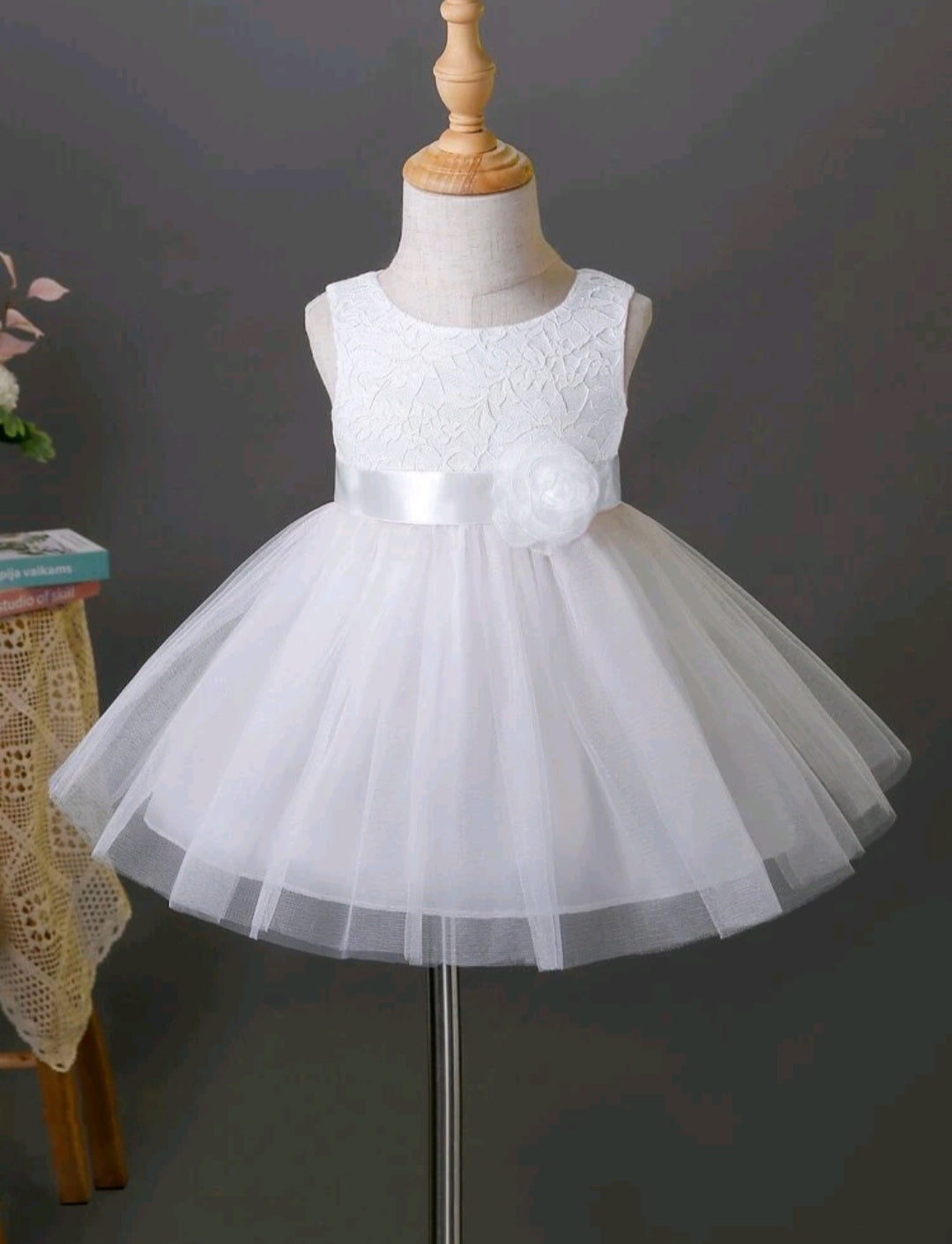 White Lace Dress with Bow and Tulle Bell #1001128