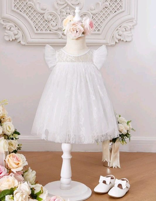 Ruffle Trim White Lace Tulle Dress #1001133