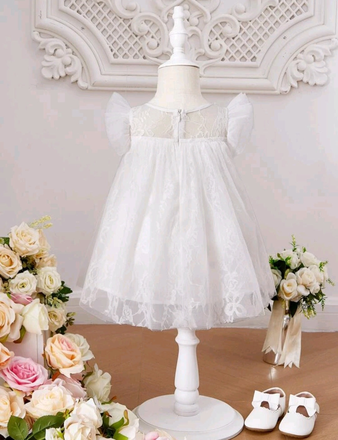 Ruffle Trim White Lace Tulle Dress #1001133