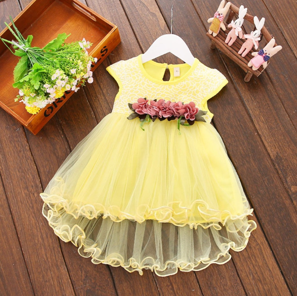 Yellow Lace Ruffle Hem Dress with Clip on Floral Detail #1001135